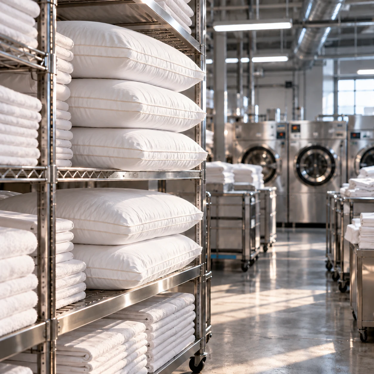 Illustration of pillows arranged on laundry racks